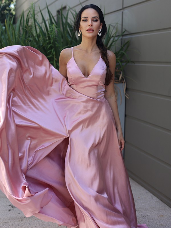 A-Line/Princess Silk like Satin Ruffles V-neck Sleeveless Sweep/Brush Train Dresses 4471