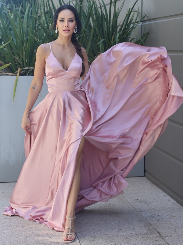 A-Line/Princess Silk like Satin Ruffles V-neck Sleeveless Sweep/Brush Train Dresses 4471