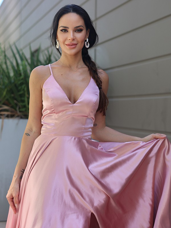 A-Line/Princess Silk like Satin Ruffles V-neck Sleeveless Sweep/Brush Train Dresses 4471