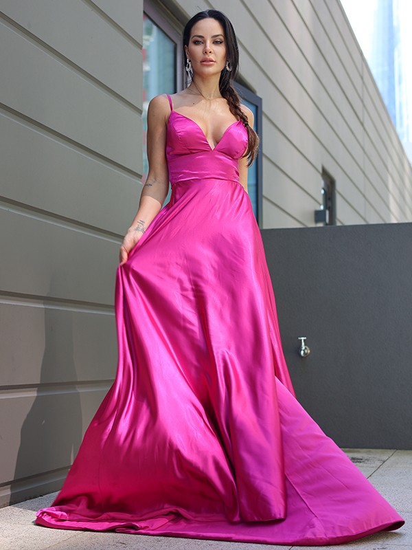 A-Line/Princess Silk like Satin Ruffles V-neck Sleeveless Sweep/Brush Train Dresses 4472