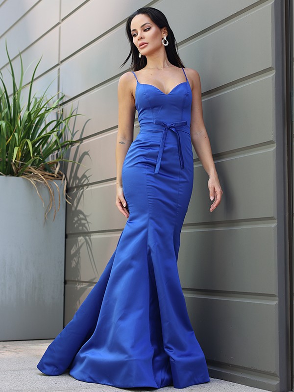 Trumpet/Mermaid Satin Ruffles Spaghetti Straps Sleeveless Sweep/Brush Train Dresses 7230