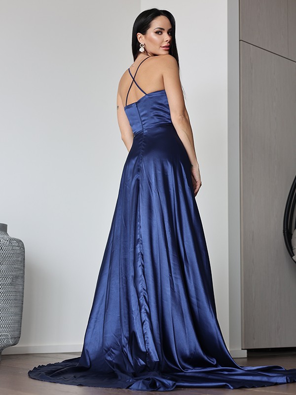 A-Line/Princess Silk Like Satin Ruched V-neck Sleeveless Sweep/Brush Train Dresses 4138