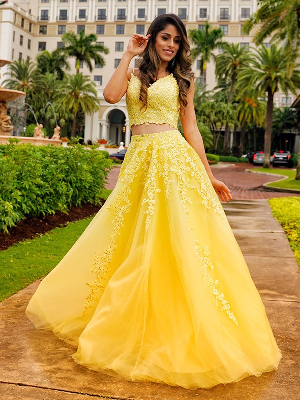 A-Line/Princess Tulle Applique V-neck Sleeveless Floor-Length Two Piece Dresses 5234