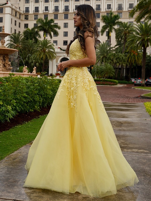 A-Line/Princess Tulle Applique V-neck Sleeveless Floor-Length Two Piece Dresses 5234