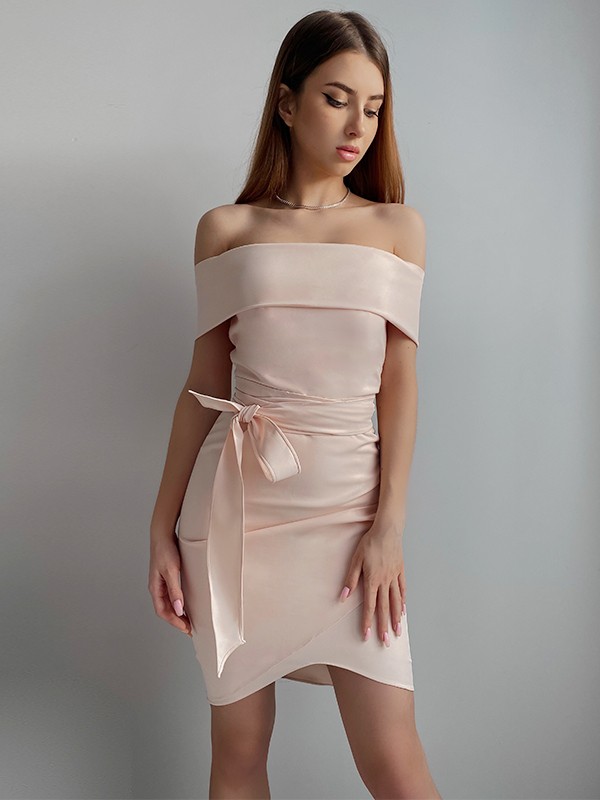 Sheath/Column Stretch Crepe Sash/Ribbon/Belt Off-the-Shoulder Sleeveless Short/Mini Dresses 6757