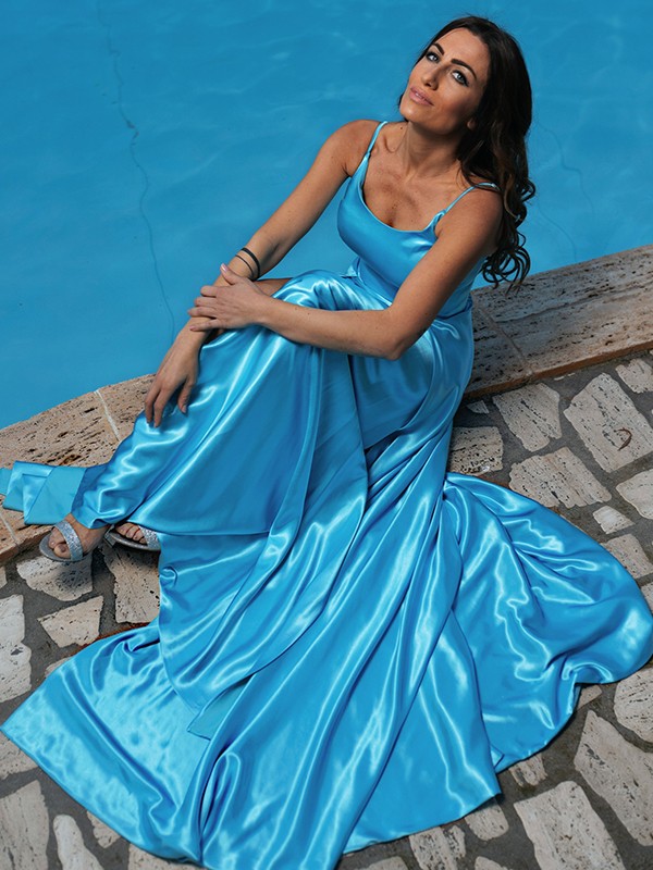 A-Line/Princess Silk Like Satin Ruffles Spaghetti Straps Sleeveless Sweep/Brush Train Dresses 4187