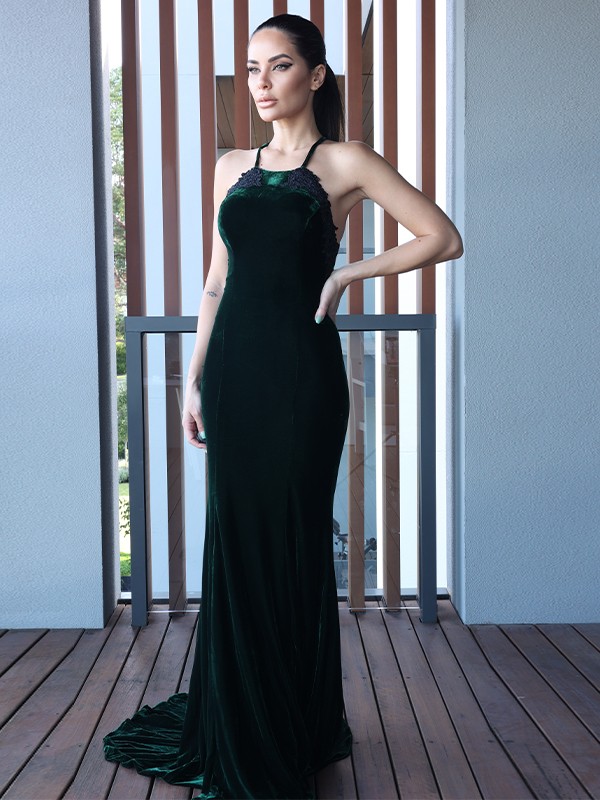 Sheath/Column Velvet Applique Halter Sleeveless Sweep/Brush Train Dresses 6941