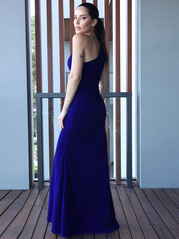 Sheath/Column Velvet Ruched One-Shoulder Sleeveless Floor-Length Dresses 6946