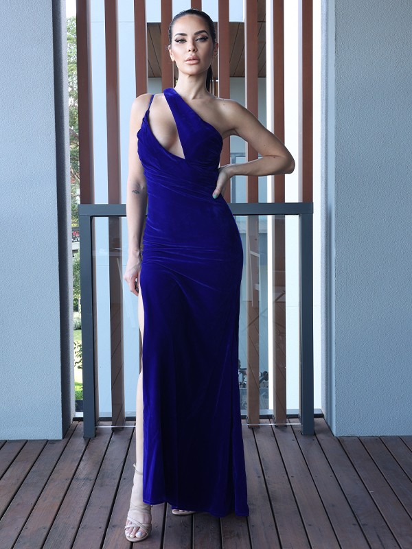 Sheath/Column Velvet Ruched One-Shoulder Sleeveless Floor-Length Dresses 6946