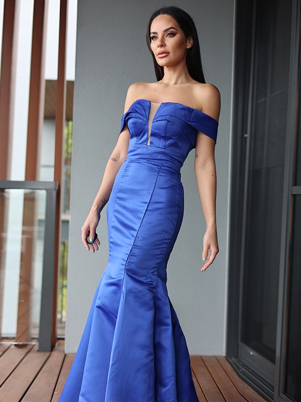 Trumpet/Mermaid Satin Ruffles Off-the-Shoulder Sleeveless Sweep/Brush Train Dresses 7226