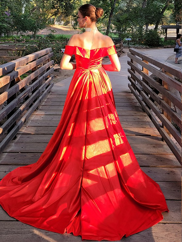 A-Line/Princess Silk like Satin Ruched Off-the-Shoulder Sleeveless Sweep/Brush Train Dresses 4442