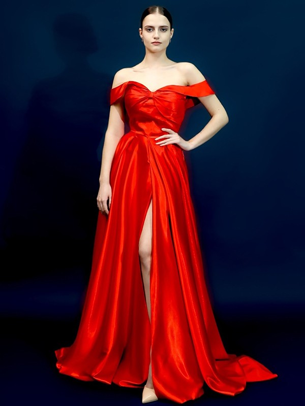 A-Line/Princess Silk like Satin Ruched Off-the-Shoulder Sleeveless Sweep/Brush Train Dresses 4442