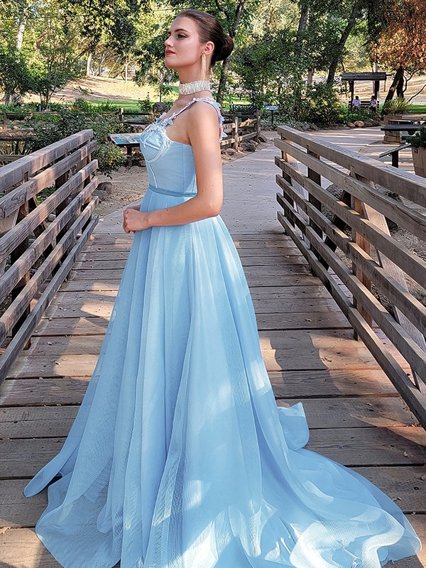 A-Line/Princess Applique Straps Sleeveless Court Train Dresses 3342