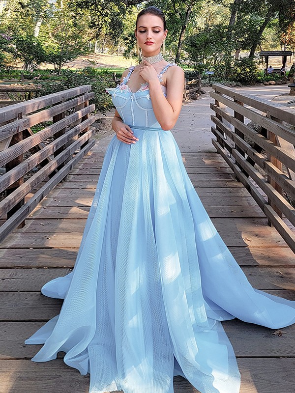 A-Line/Princess Applique Straps Sleeveless Court Train Dresses 3342