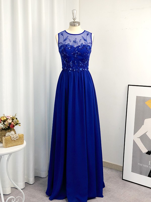 A-Line/Princess Chiffon Paillette Scoop Sleeveless Floor-Length Dresses 3473