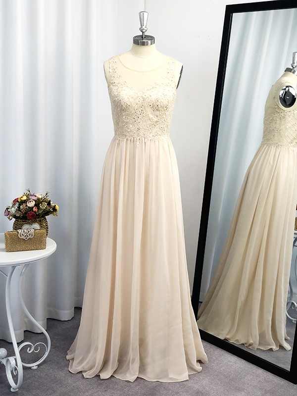 A-Line/Princess Scoop Applique Sleeveless Chiffon Floor-Length Dresses 4267