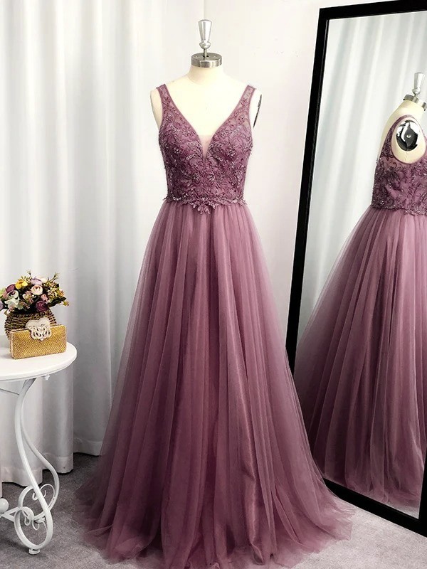 A-Line/Princess Sleeveless Tulle Floor-Length Applique V-neck Dresses 4630