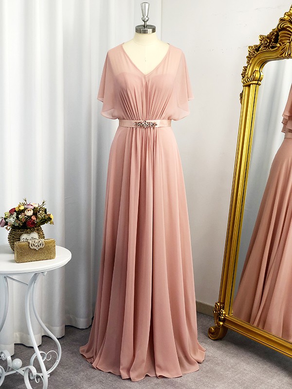 A-Line/Princess Sweetheart Short Sleeves Chiffon Sash/Ribbon/Belt Floor-Length Dresses 5014