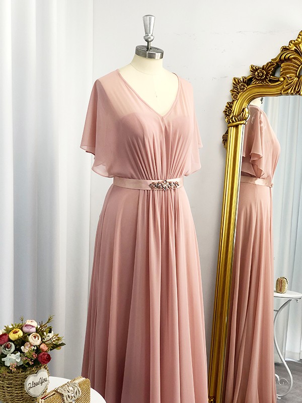 A-Line/Princess Sweetheart Short Sleeves Chiffon Sash/Ribbon/Belt Floor-Length Dresses 5014