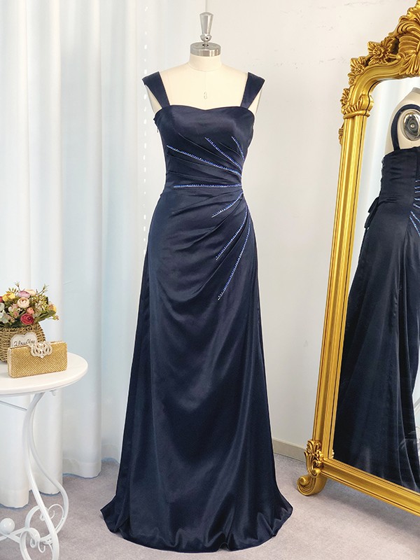 A-Line/Princess Straps Sleeveless Elastic Woven Satin Ruched Floor-Length Dresses 4851