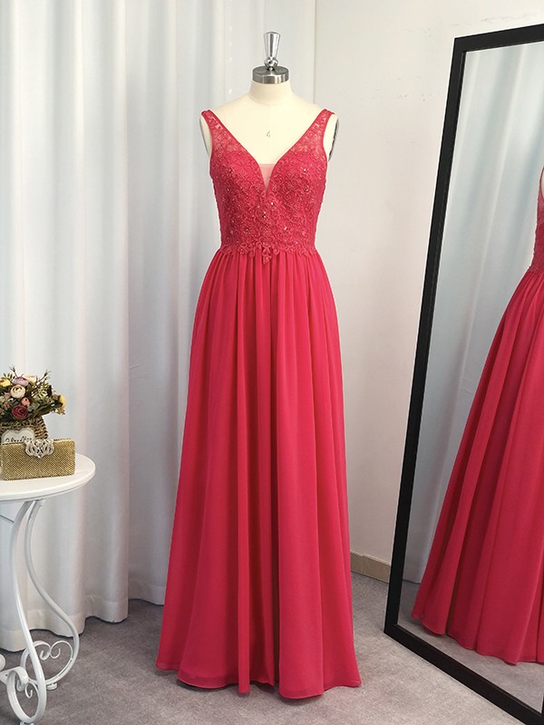 A-Line/Princess Floor-Length Sleeveless Chiffon Applique V-neck Dresses 3550