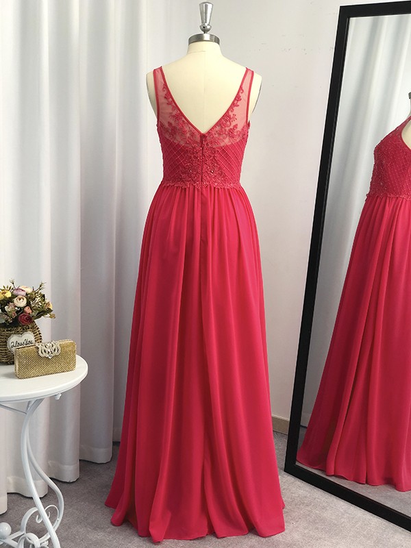 A-Line/Princess Floor-Length Sleeveless Chiffon Applique V-neck Dresses 3550