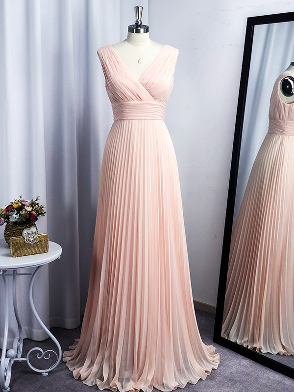 A-Line/Princess Chiffon V-neck Floor-Length Sleeveless Ruffles Dresses 3508