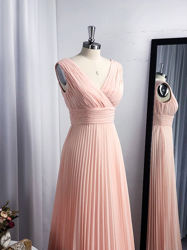 A-Line/Princess Chiffon V-neck Floor-Length Sleeveless Ruffles Dresses 3508