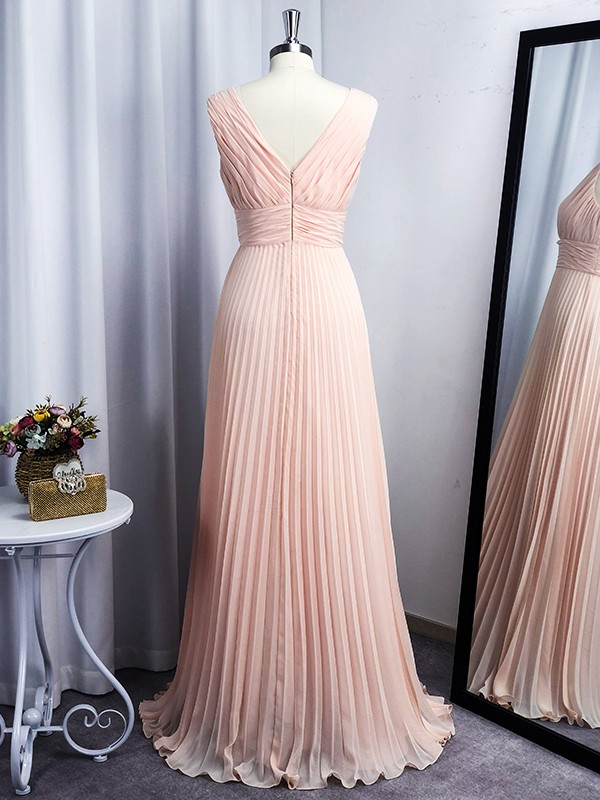 A-Line/Princess Chiffon V-neck Floor-Length Sleeveless Ruffles Dresses 3508