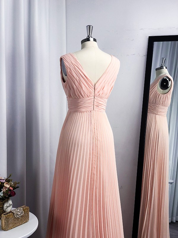 A-Line/Princess Chiffon V-neck Floor-Length Sleeveless Ruffles Dresses 3508