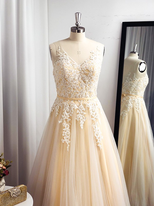 A-Line/Princess Tulle Applique Sleeveless Floor-Length Straps Dresses 5168