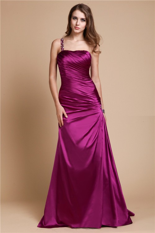 A-Line/Princess One Shoulder Sleeveless Beading Long Elastic Woven Satin Dresses 3905