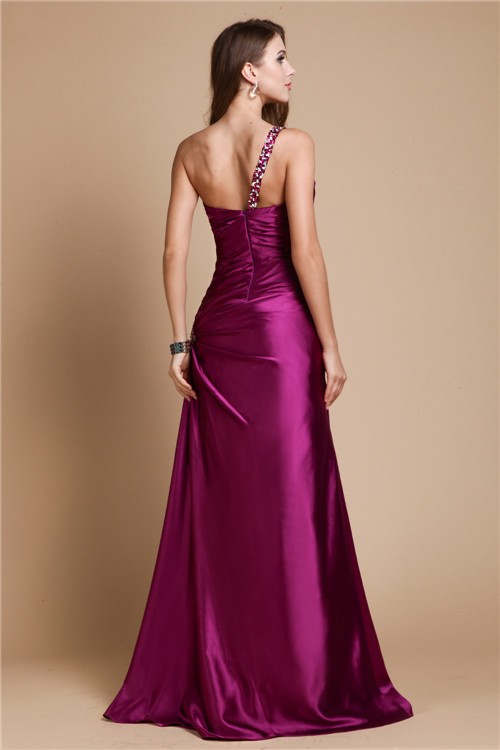 A-Line/Princess One Shoulder Sleeveless Beading Long Elastic Woven Satin Dresses 3905