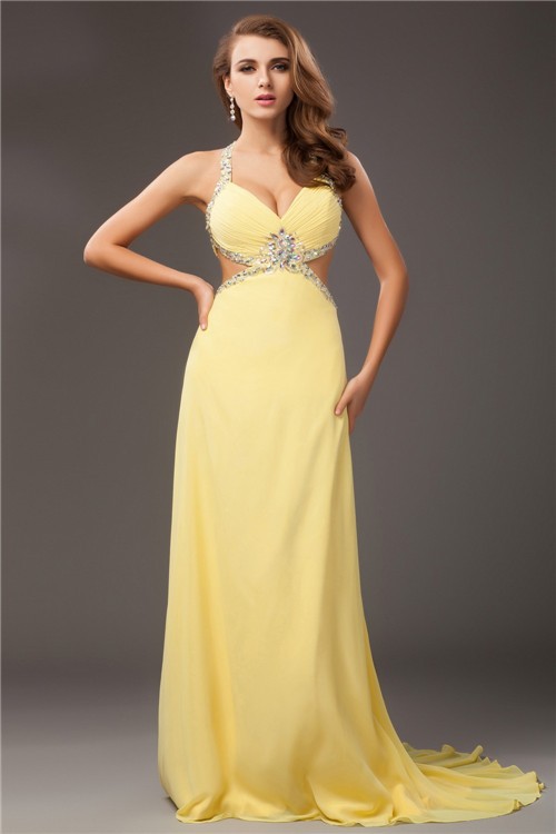 Sheath/Column Beading Halter Sleeveless Long Chiffon Dresses 5847