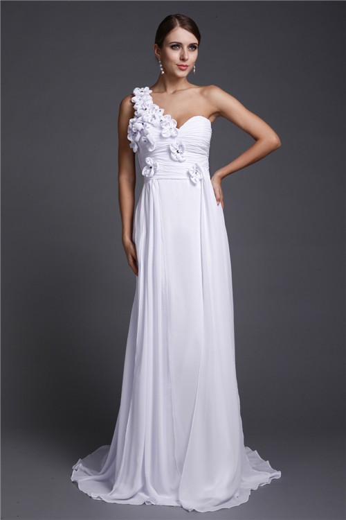 A-Line/Princess One Shoulder Hand-Made Flower Long Sleeveless Chiffon Dresses 3859