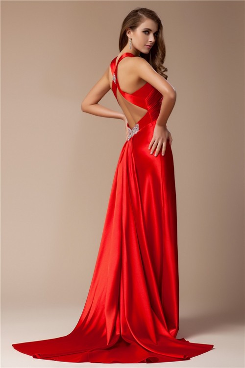 Sheath/Column V-neck Sleeveless Long Elastic Woven Satin Dresses 6905