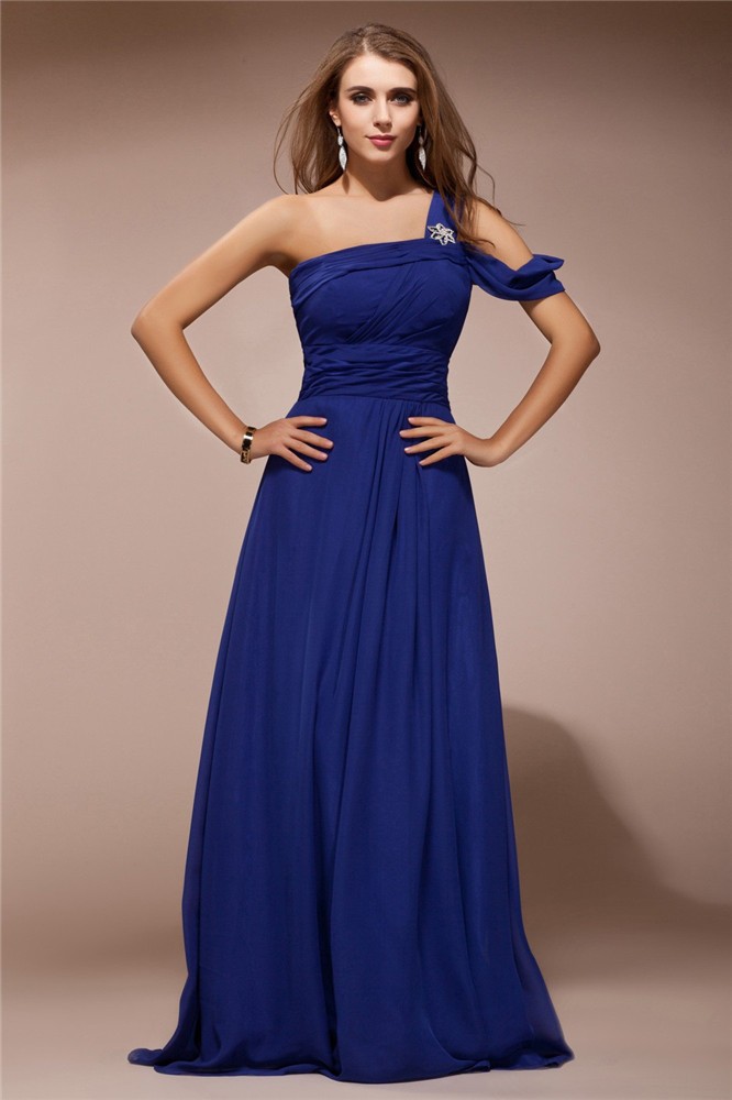 Sheath/Column One Shoulder Ruffles Rhinestone Sleeveless Long Chiffon Dresses 6175