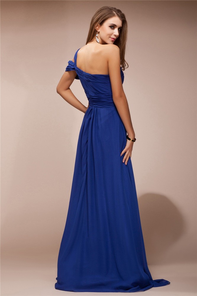 Sheath/Column One Shoulder Ruffles Rhinestone Sleeveless Long Chiffon Dresses 6175