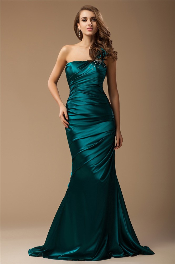 Trumpet/Mermaid One Shoulder Sleeveless Long Ruffles Beading Elastic Woven Satin Dresses 7180