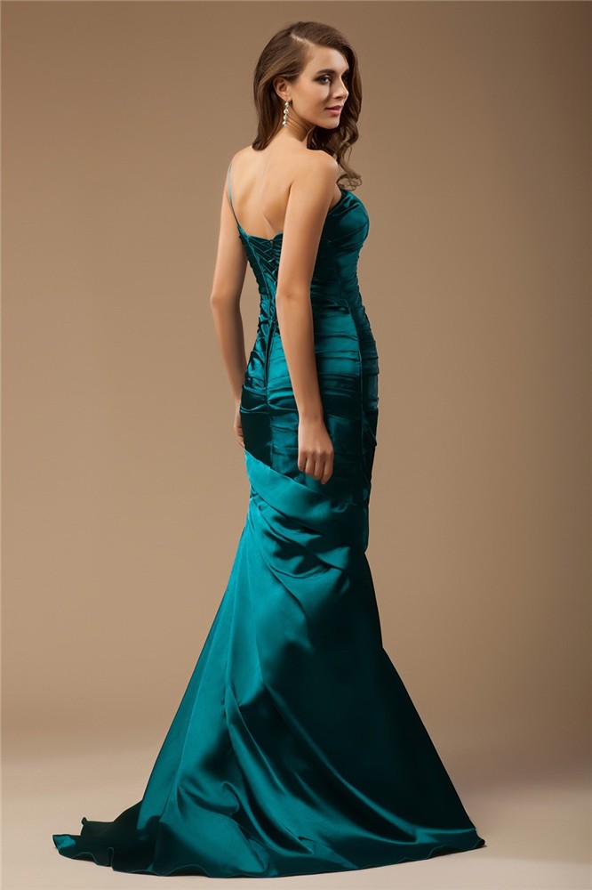 Trumpet/Mermaid One Shoulder Sleeveless Long Ruffles Beading Elastic Woven Satin Dresses 7180