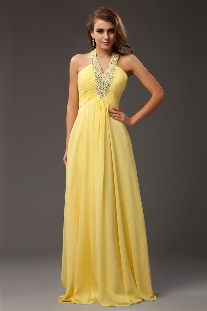 Sheath/Column Halter Beading Sleeveless Long Chiffon Dresses 5954