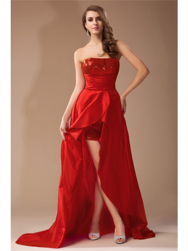 A-Line/Princess Strapless Lace Sleeveless High Low Taffeta Dresses 4760