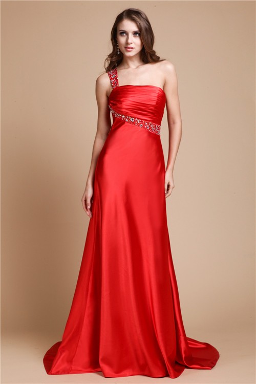 A-Line/Princess One Shoulder Beading Sleeveless Long Elastic Woven Satin Dresses 3855