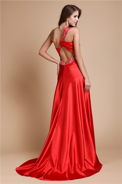 A-Line/Princess One Shoulder Beading Sleeveless Long Elastic Woven Satin Dresses 3855