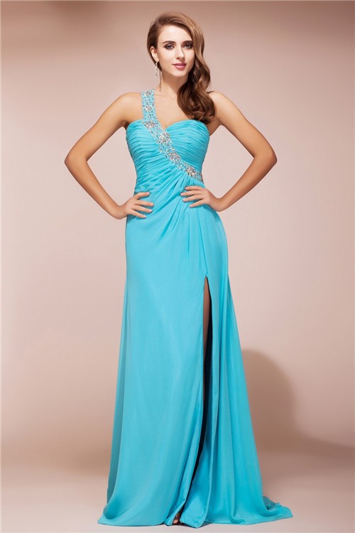 Sheath/Column One Shoulder Beading Sleeveless Slit Long Chiffon Dresses 6162