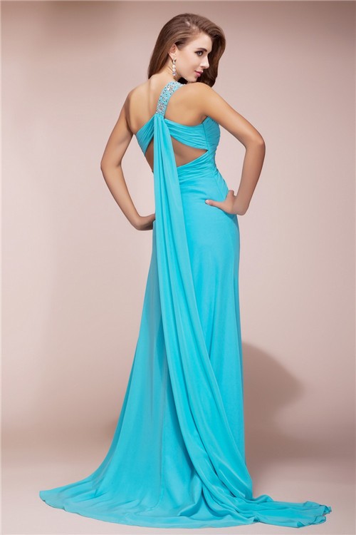 Sheath/Column One Shoulder Beading Sleeveless Slit Long Chiffon Dresses 6162