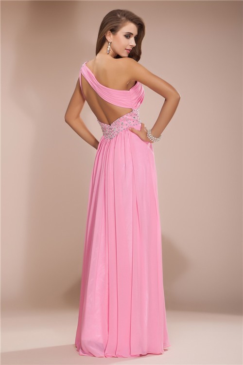 Sheath/Column One Shoulder Beading Long Sleeveless Chiffon Dresses 6153