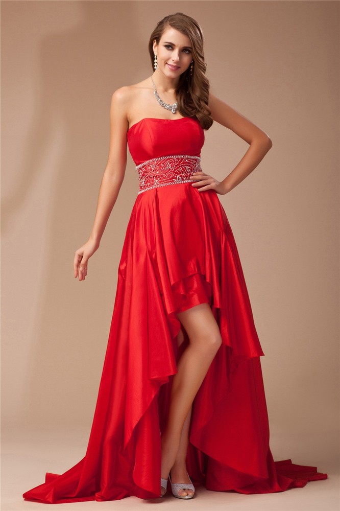 A-Line/Princess Strapless High Low Beading Sleeveless Taffeta Dresses 4754