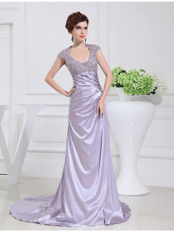 A-Line/Princess Scoop Long Beading Lace Elastic Woven Satin Dresses 4323