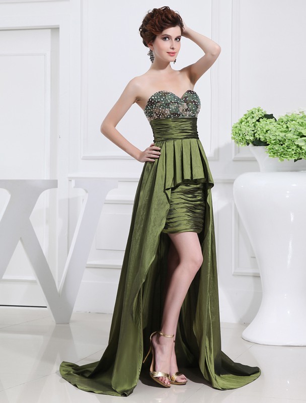 A-Line/Princess Beading Sweetheart Sleeveless High Low Taffeta Dresses 3419